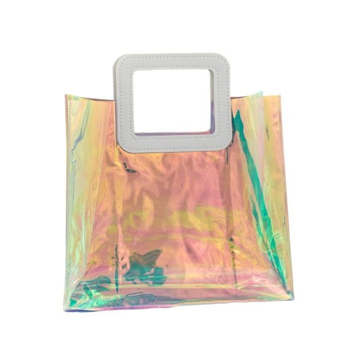 BUSTA PVC IRIDESCENTE CON MANICO DI PELLE H25X28X14